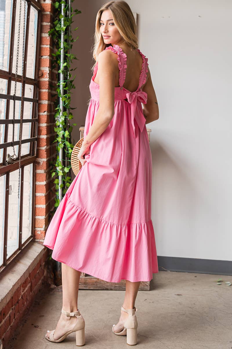 FLARE MIDI DRESS WITH BACK TIE AND POCKETS