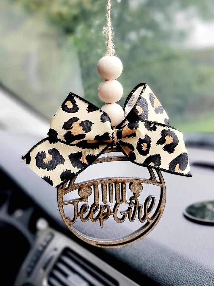 Jeep Girl Car Charm Ornament - Cow Print Ribbon