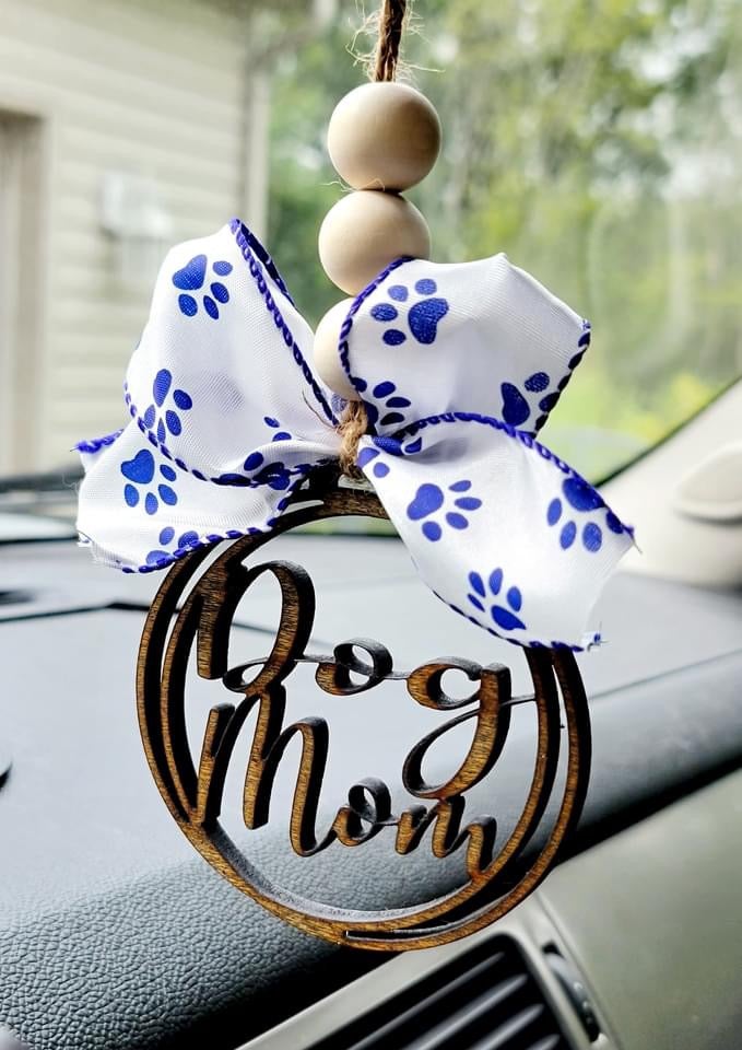 Dog Mom Car Charm Ornament - Cow Print Ribbon
