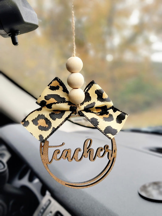Teacher Car Charm Ornament - Cheetah Ribbon